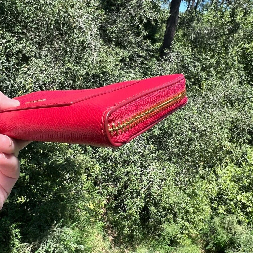 COACH Long Zip-Around Red Crossgrain Leather Wallet w Gold Hardware AUTHENTIC